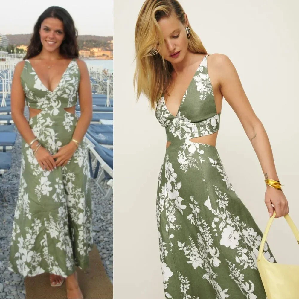 Reformation Samara Midi Dress Willow Green Floral Linen Cut Out Open Back Size 2 - Picture 9 of 11